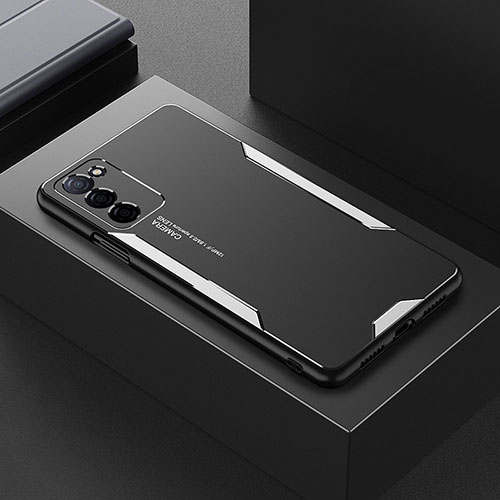 Luxury Aluminum Metal Back Cover and Silicone Frame Case for Oppo A53s 5G Silver