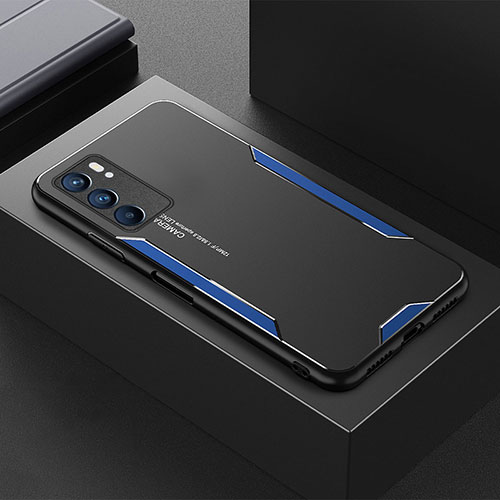 Luxury Aluminum Metal Back Cover and Silicone Frame Case for Oppo Reno6 5G Blue