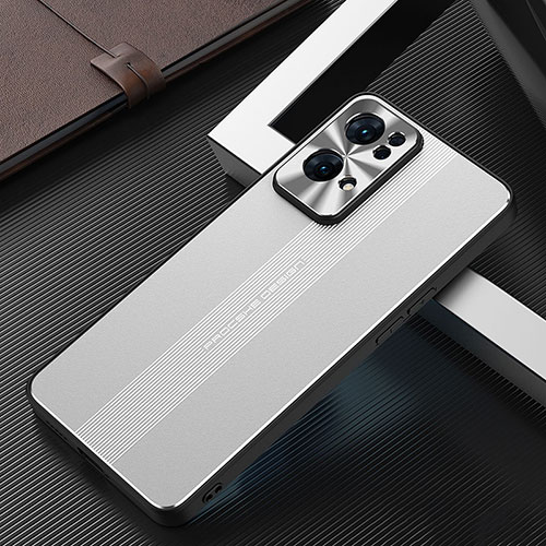 Luxury Aluminum Metal Back Cover and Silicone Frame Case J02 for Oppo Reno7 Pro 5G Silver