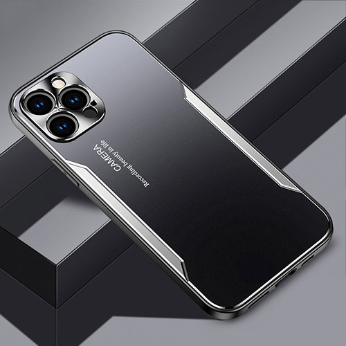 Luxury Aluminum Metal Back Cover and Silicone Frame Case JL3 for Apple iPhone 14 Pro Max Silver