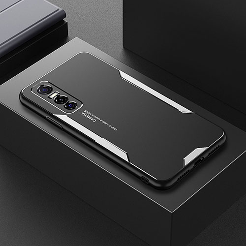 Luxury Aluminum Metal Back Cover and Silicone Frame Case PB1 for Vivo Y73s 5G Silver