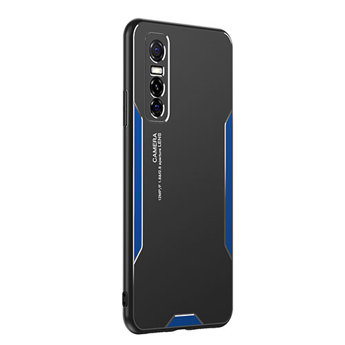 Luxury Aluminum Metal Back Cover and Silicone Frame Case PB2 for Vivo Y73s 5G Blue