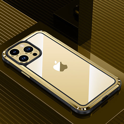 Luxury Aluminum Metal Back Cover and Silicone Frame Case QC1 for Apple iPhone 13 Pro Max Gold