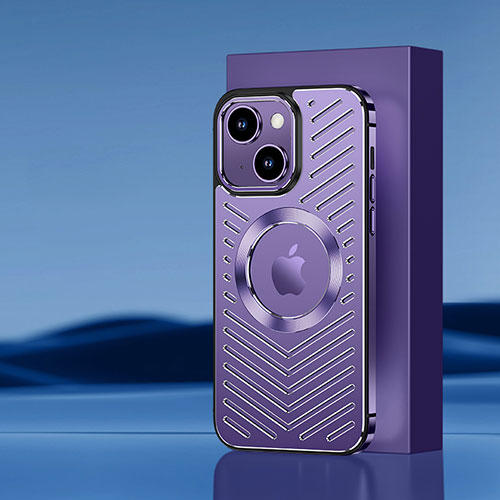 Luxury Aluminum Metal Back Cover and Silicone Frame Case with Mag-Safe Magnetic AC1 for Apple iPhone 14 Purple