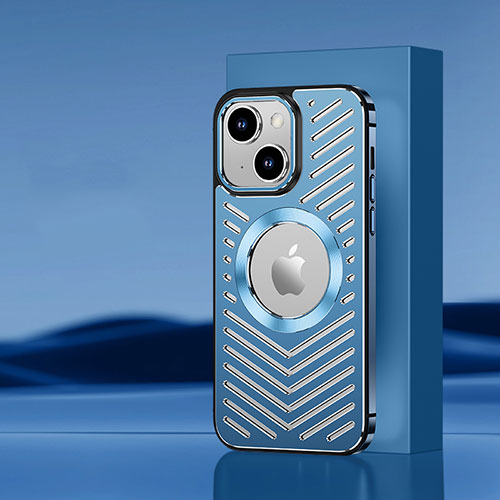 Luxury Aluminum Metal Back Cover and Silicone Frame Case with Mag-Safe Magnetic AC1 for Apple iPhone 15 Plus Blue