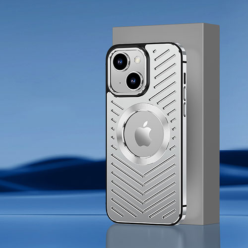 Luxury Aluminum Metal Back Cover and Silicone Frame Case with Mag-Safe Magnetic AC1 for Apple iPhone 15 Silver