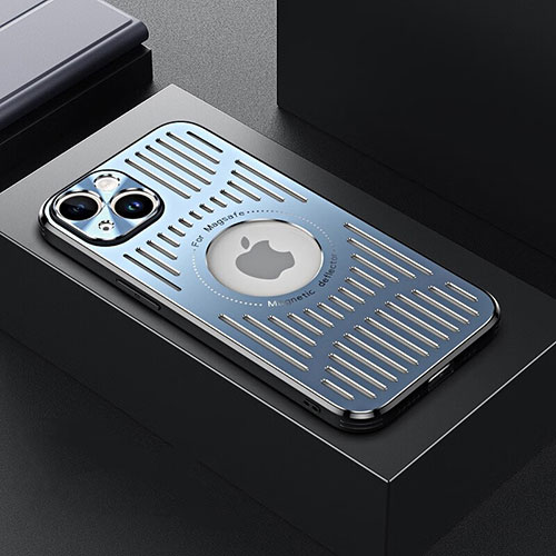 Luxury Aluminum Metal Back Cover and Silicone Frame Case with Mag-Safe Magnetic TX1 for Apple iPhone 15 Plus Blue