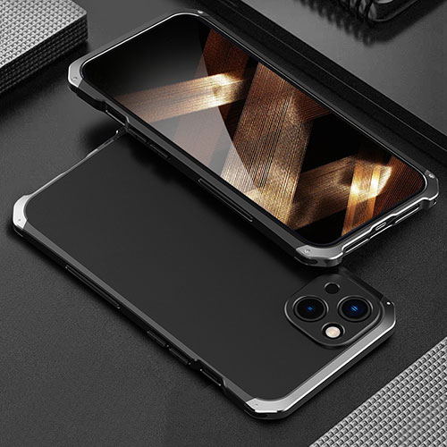 Luxury Aluminum Metal Cover Case 360 Degrees for Apple iPhone 15 Plus Silver and Black