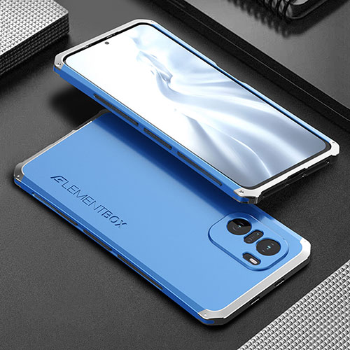 Luxury Aluminum Metal Cover Case 360 Degrees for Xiaomi Poco F3 5G Silver and Blue