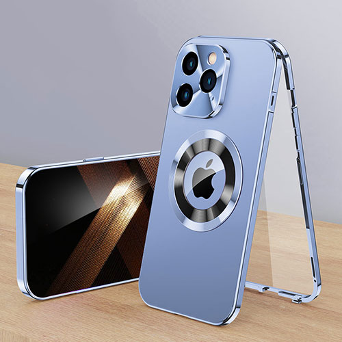 Luxury Aluminum Metal Cover Case 360 Degrees with Mag-Safe Magnetic P01 for Apple iPhone 15 Pro Blue