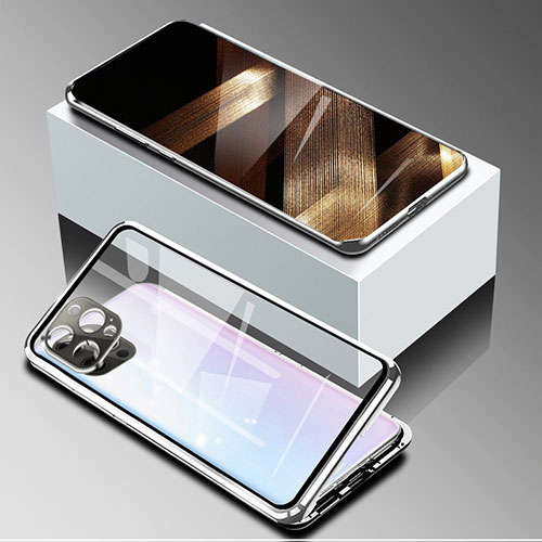 Luxury Aluminum Metal Frame Mirror Cover Case 360 Degrees for Apple iPhone 14 Pro Max Silver