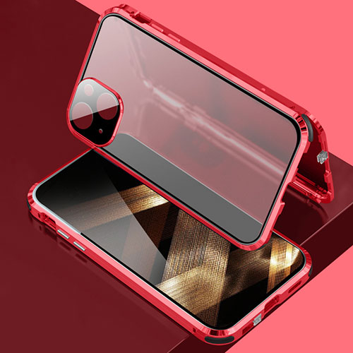 Luxury Aluminum Metal Frame Mirror Cover Case 360 Degrees for Apple iPhone 15 Plus Red