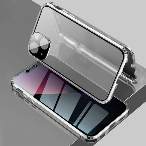 Luxury Aluminum Metal Frame Mirror Cover Case 360 Degrees for Apple iPhone 15 Plus Silver