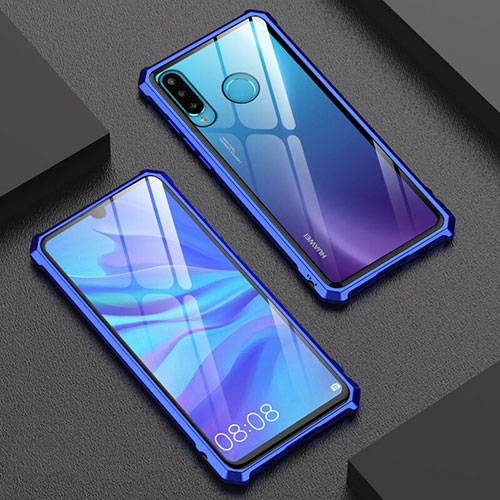 Luxury Aluminum Metal Frame Mirror Cover Case 360 Degrees for Huawei P30 Lite XL Blue