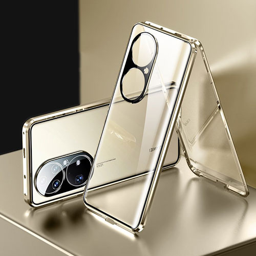 Luxury Aluminum Metal Frame Mirror Cover Case 360 Degrees for Huawei P50 Gold