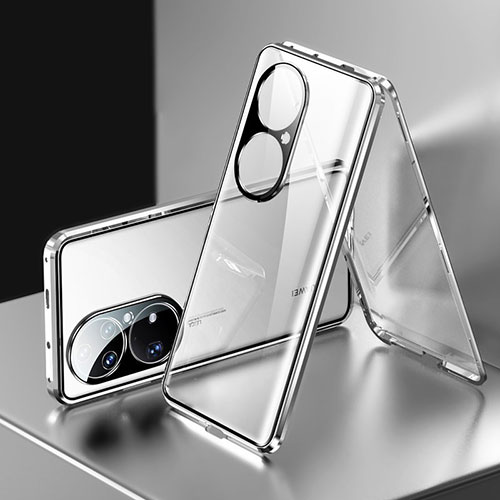 Luxury Aluminum Metal Frame Mirror Cover Case 360 Degrees for Huawei P50 Pro Silver