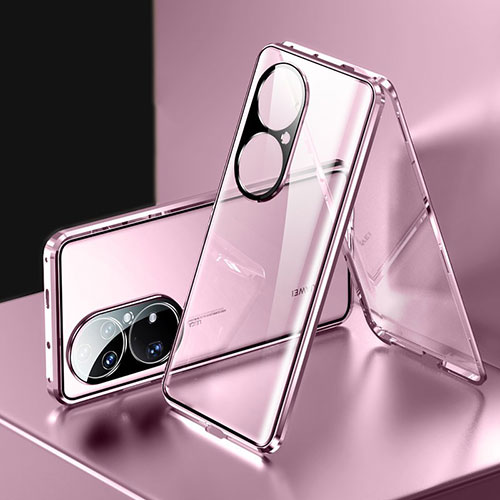 Luxury Aluminum Metal Frame Mirror Cover Case 360 Degrees for Huawei P50e Rose Gold