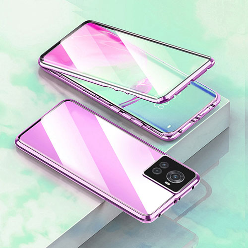 Luxury Aluminum Metal Frame Mirror Cover Case 360 Degrees for OnePlus 10R 5G Purple