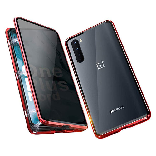 Luxury Aluminum Metal Frame Mirror Cover Case 360 Degrees for OnePlus Nord Red