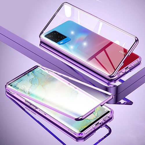 Luxury Aluminum Metal Frame Mirror Cover Case 360 Degrees for Oppo A54 4G Purple