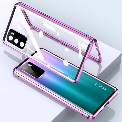 Luxury Aluminum Metal Frame Mirror Cover Case 360 Degrees for Oppo A54s Purple