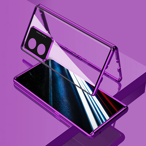 Luxury Aluminum Metal Frame Mirror Cover Case 360 Degrees for Oppo A58 4G Purple