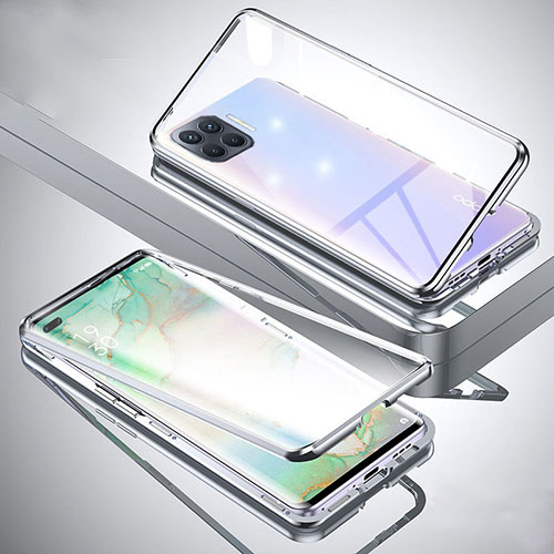 Luxury Aluminum Metal Frame Mirror Cover Case 360 Degrees for Oppo F17 Pro Silver