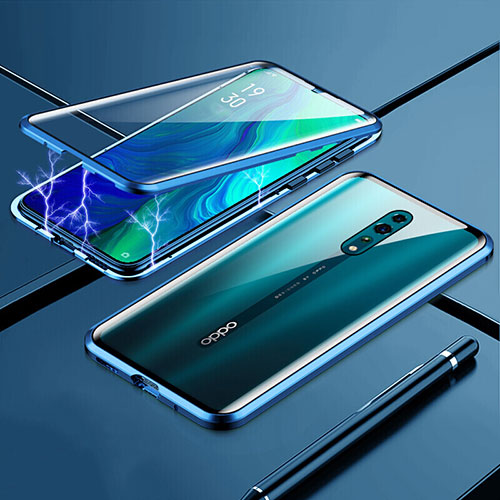 Luxury Aluminum Metal Frame Mirror Cover Case 360 Degrees for Oppo Reno Z Blue