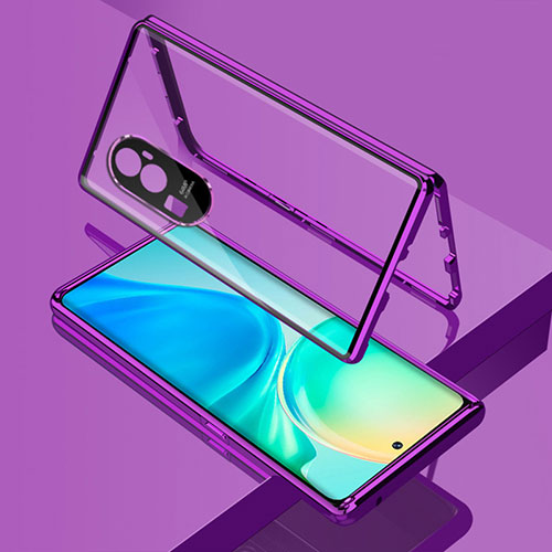 Luxury Aluminum Metal Frame Mirror Cover Case 360 Degrees for Oppo Reno10 Pro+ Plus 5G Purple