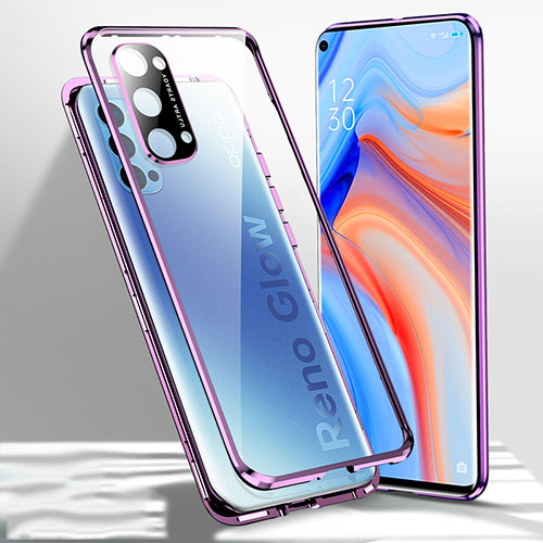 Luxury Aluminum Metal Frame Mirror Cover Case 360 Degrees for Oppo Reno4 5G Purple