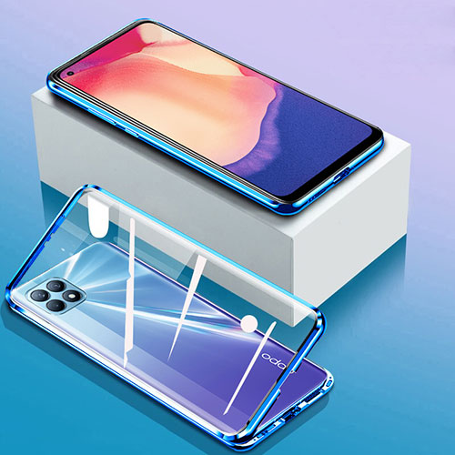 Luxury Aluminum Metal Frame Mirror Cover Case 360 Degrees for Oppo Reno4 SE 5G Blue