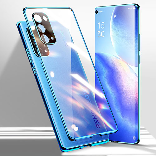 Luxury Aluminum Metal Frame Mirror Cover Case 360 Degrees for Oppo Reno5 Pro 5G Blue