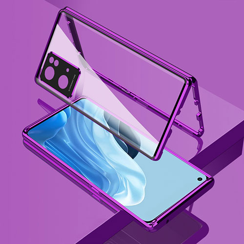 Luxury Aluminum Metal Frame Mirror Cover Case 360 Degrees for Oppo Reno7 Pro 5G Purple