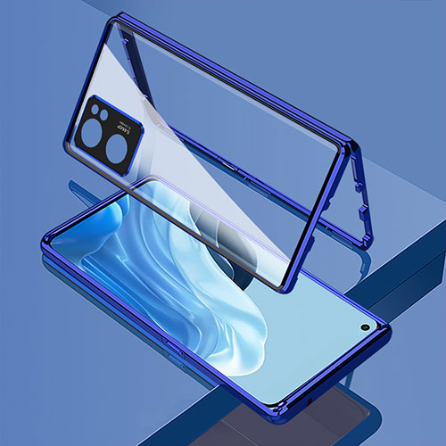 Luxury Aluminum Metal Frame Mirror Cover Case 360 Degrees for Oppo Reno7 SE 5G Blue