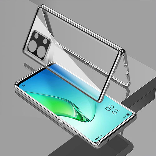 Luxury Aluminum Metal Frame Mirror Cover Case 360 Degrees for Oppo Reno9 Pro+ Plus 5G Silver