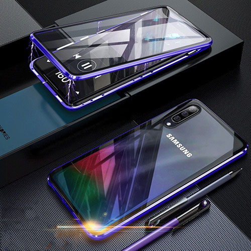 Luxury Aluminum Metal Frame Mirror Cover Case 360 Degrees for Samsung Galaxy A70S Blue