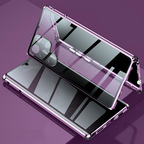 Luxury Aluminum Metal Frame Mirror Cover Case 360 Degrees for Samsung Galaxy S22 Ultra 5G Purple