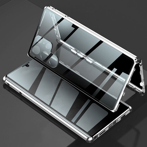 Luxury Aluminum Metal Frame Mirror Cover Case 360 Degrees for Samsung Galaxy S22 Ultra 5G Silver