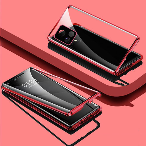 Luxury Aluminum Metal Frame Mirror Cover Case 360 Degrees for Vivo iQOO U3x 5G Red