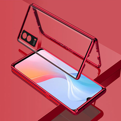 Luxury Aluminum Metal Frame Mirror Cover Case 360 Degrees for Vivo T1x 5G Red