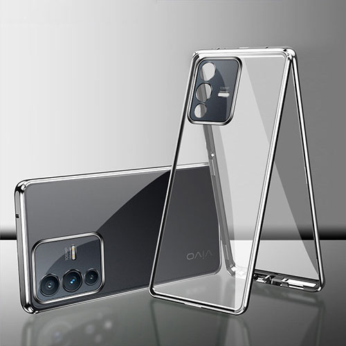 Luxury Aluminum Metal Frame Mirror Cover Case 360 Degrees for Vivo V23 5G Silver