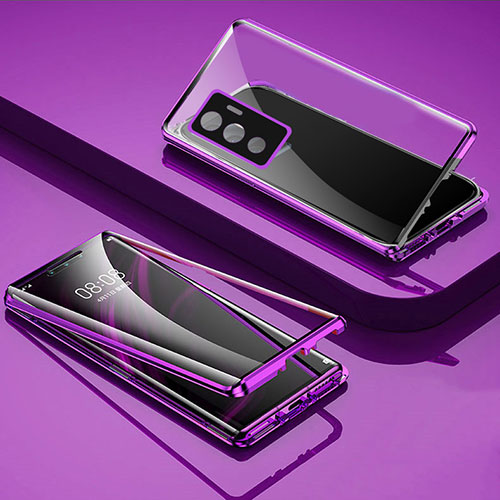 Luxury Aluminum Metal Frame Mirror Cover Case 360 Degrees for Vivo V23e 5G Purple