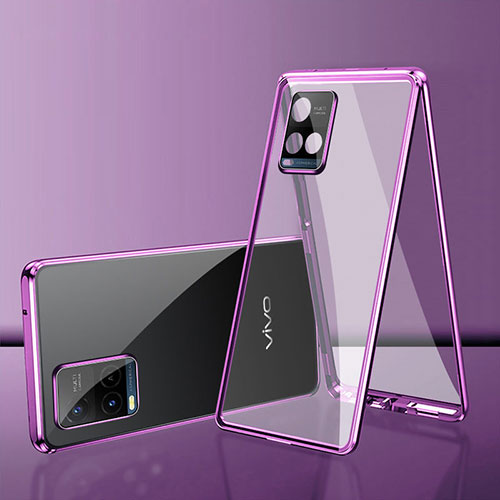 Luxury Aluminum Metal Frame Mirror Cover Case 360 Degrees for Vivo Y21a Purple