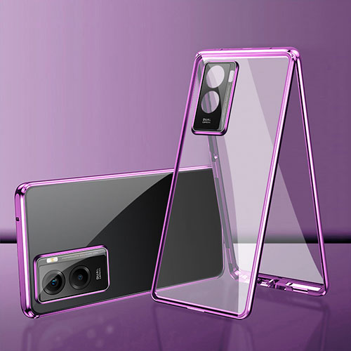 Luxury Aluminum Metal Frame Mirror Cover Case 360 Degrees for Vivo Y35m 5G Purple