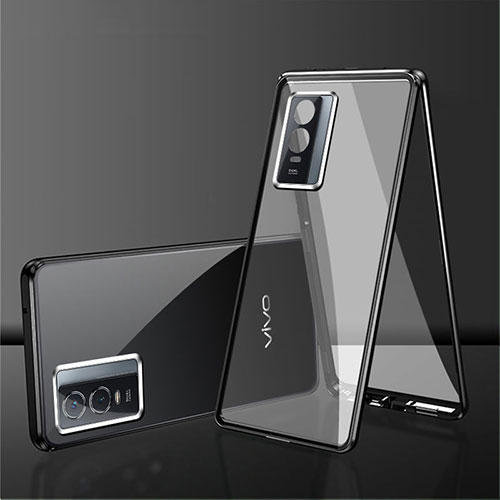 Luxury Aluminum Metal Frame Mirror Cover Case 360 Degrees for Vivo Y76s 5G Black