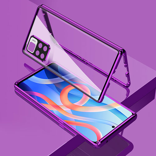 Luxury Aluminum Metal Frame Mirror Cover Case 360 Degrees for Xiaomi Redmi Note 11S 5G Purple