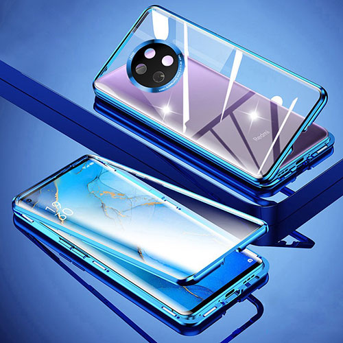 Luxury Aluminum Metal Frame Mirror Cover Case 360 Degrees for Xiaomi Redmi Note 9T 5G Blue