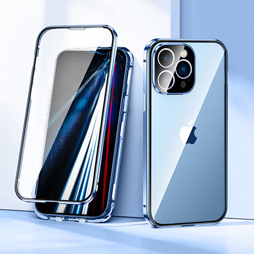 Luxury Aluminum Metal Frame Mirror Cover Case 360 Degrees LK1 for Apple iPhone 13 Pro Max Blue