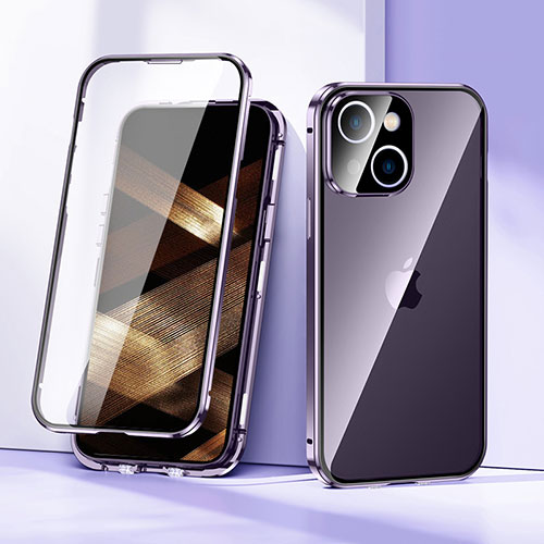 Luxury Aluminum Metal Frame Mirror Cover Case 360 Degrees LK1 for Apple iPhone 15 Plus Purple