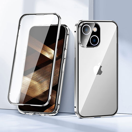 Luxury Aluminum Metal Frame Mirror Cover Case 360 Degrees LK1 for Apple iPhone 15 Plus Silver